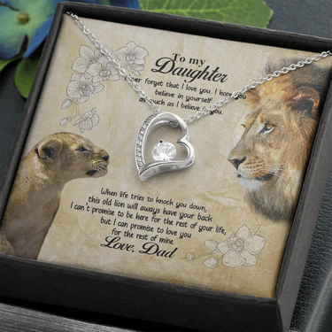 Lion from Dad to My Daughter Never Forget That I Love You Forever Love Heart Pendant Necklace, Gift for Daughter from Dad, Meaningful Gifts, Thoughtful Gifts for Daughter